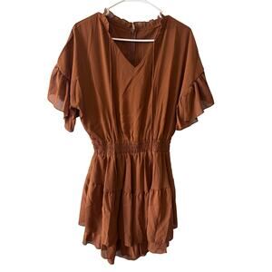 Women's Burnt Orange Rust Ruffle Cinch Waist Romper Small New